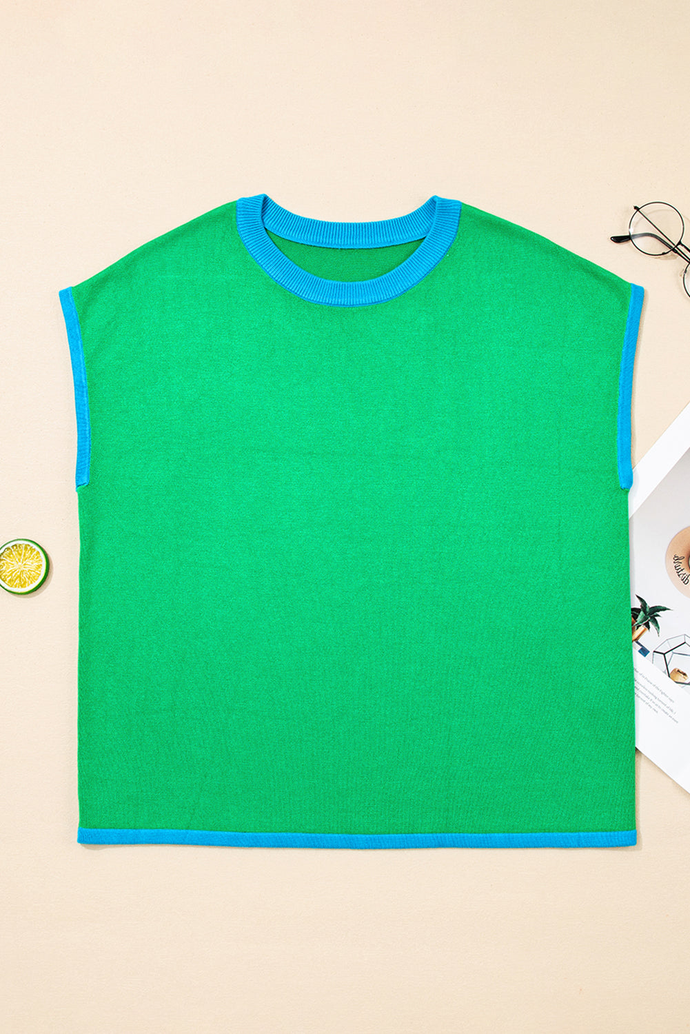 Green Contrast Trim Round Neck Short Sleeve Loose Knit Top