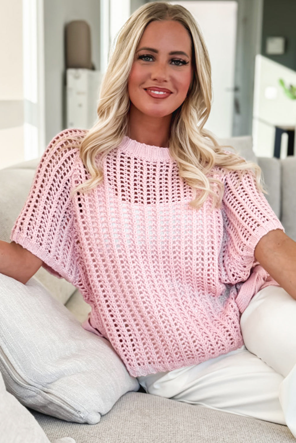 Yellow Cream Side Tie Hollow-out Crochet Knit Top