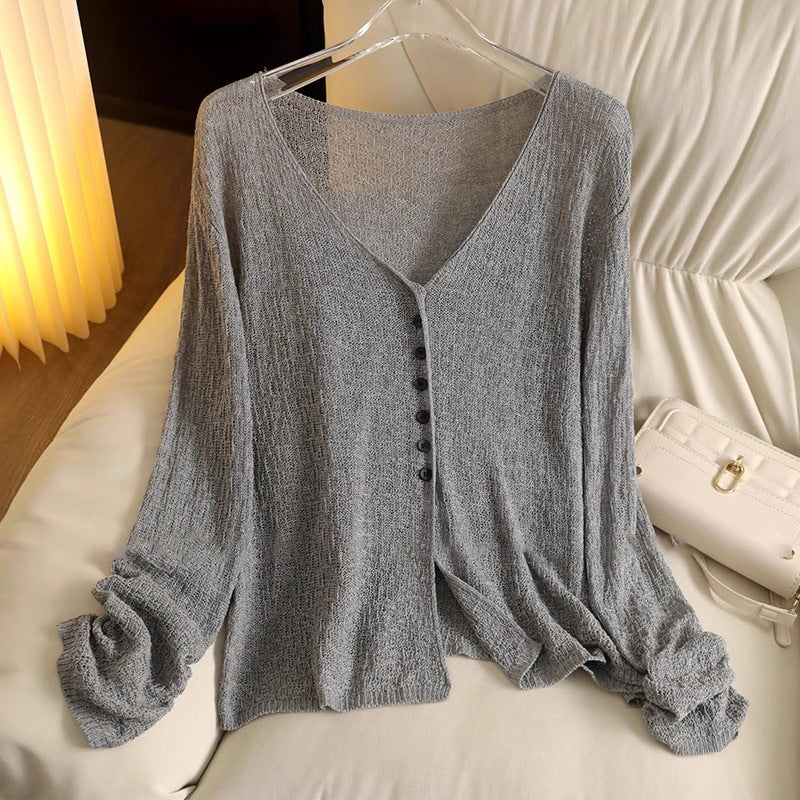 Women's Linen Cardigan With Skirt Collar Thin Hollow Breathable