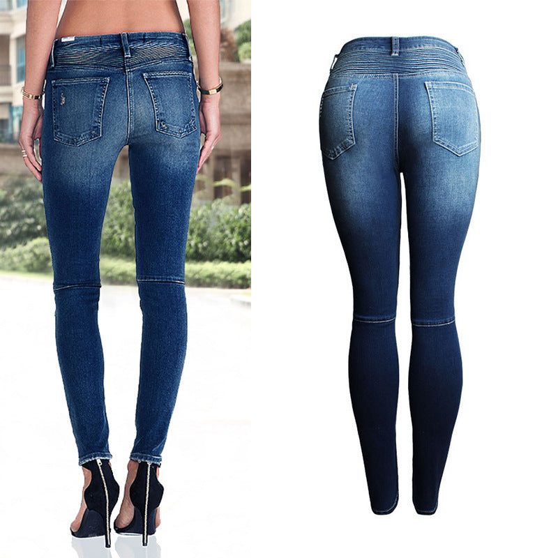 Womens Motorcycle Biker Zip Mid High Waist Stretch Skinny Jean