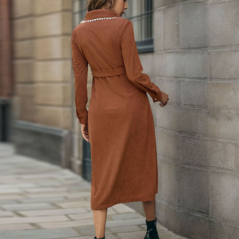 Casual Elegant Retro Style Lace Lapel Shirt Corduroy Dress