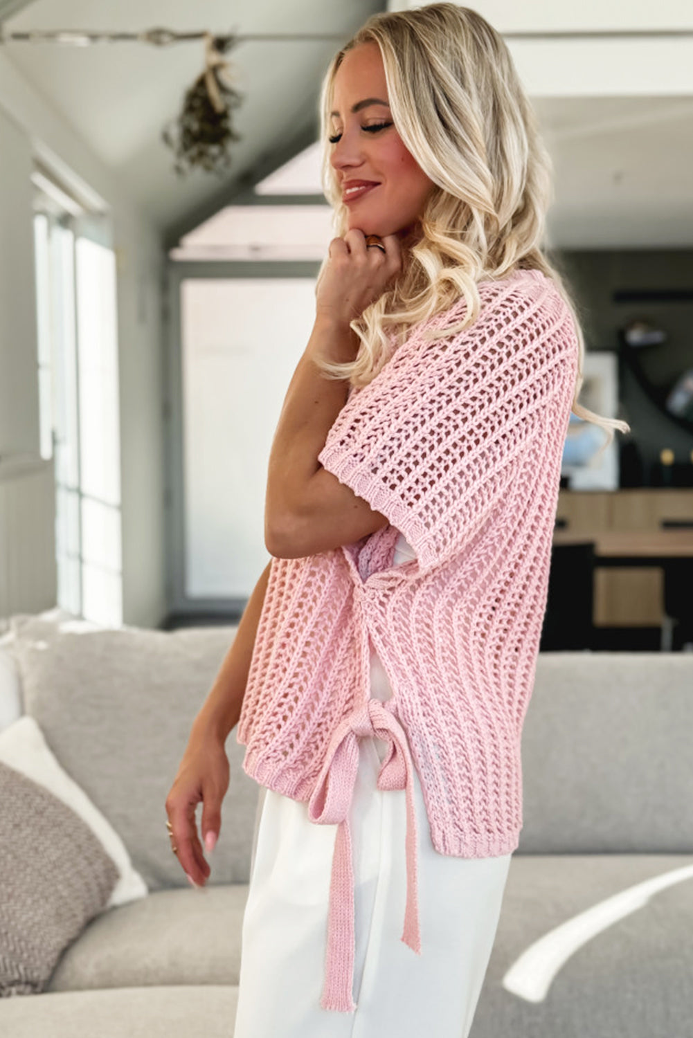 Yellow Cream Side Tie Hollow-out Crochet Knit Top