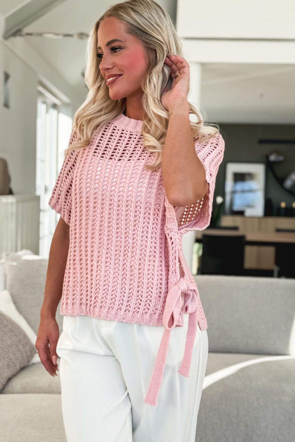 Yellow Cream Side Tie Hollow-out Crochet Knit Top
