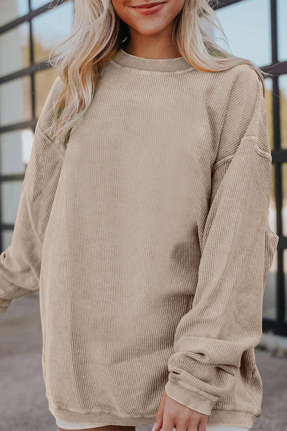 Grass Green Crinkle Rib Drop Shoulder Oversized Sweatshirt