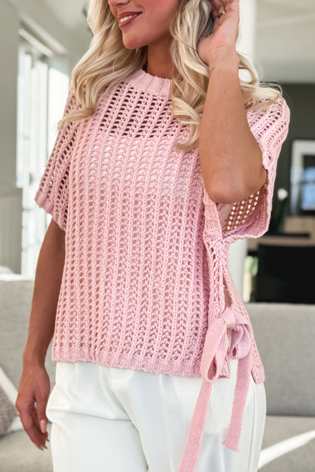Yellow Cream Side Tie Hollow-out Crochet Knit Top