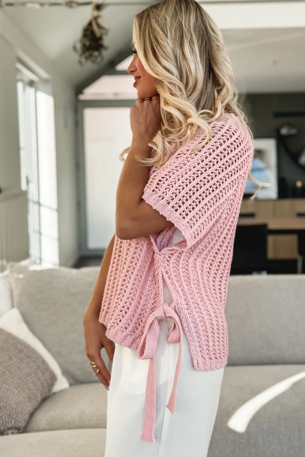 Yellow Cream Side Tie Hollow-out Crochet Knit Top