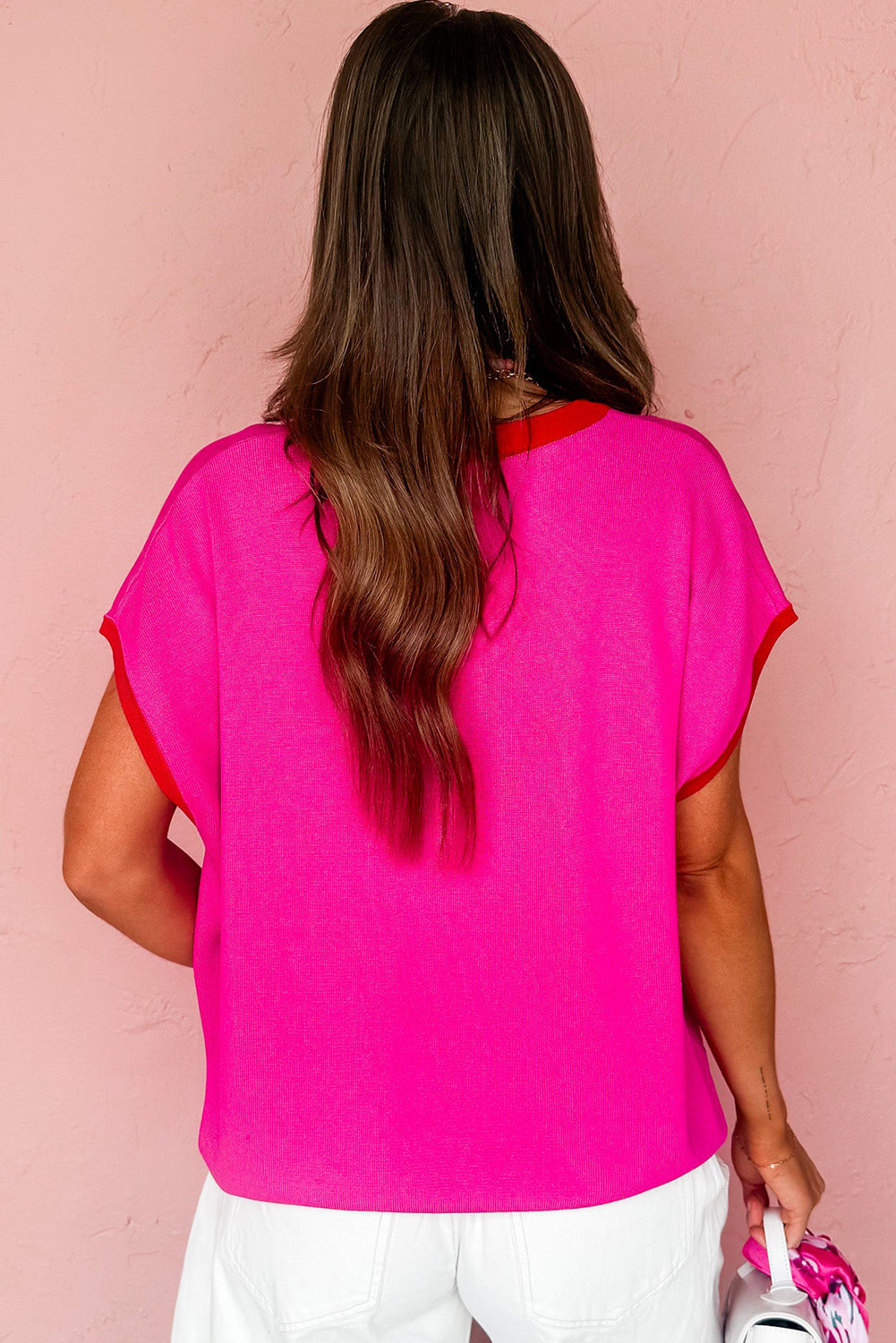 Green Contrast Trim Round Neck Short Sleeve Loose Knit Top